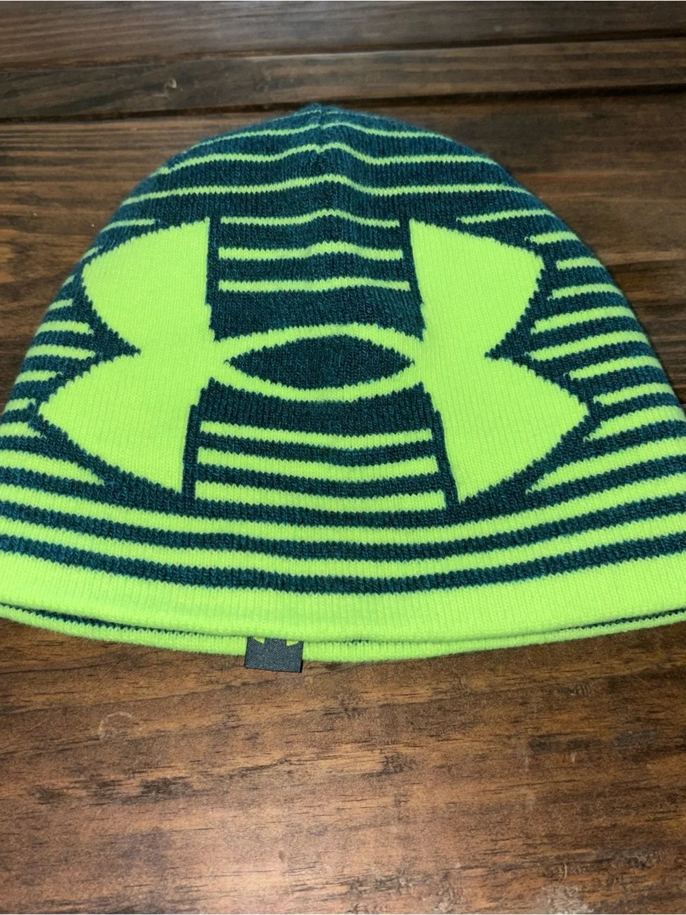 Under Armour Kids Neon Green & Navy Striped Logo Beanie